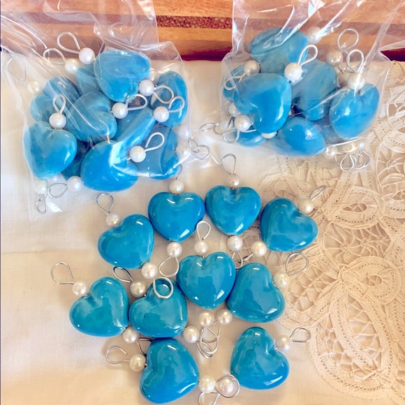 Blue Glazed Ceramic Porcelain Hearts & Pearl Beads W Metal Links (lot 10 links) - Picture 7 of 11
